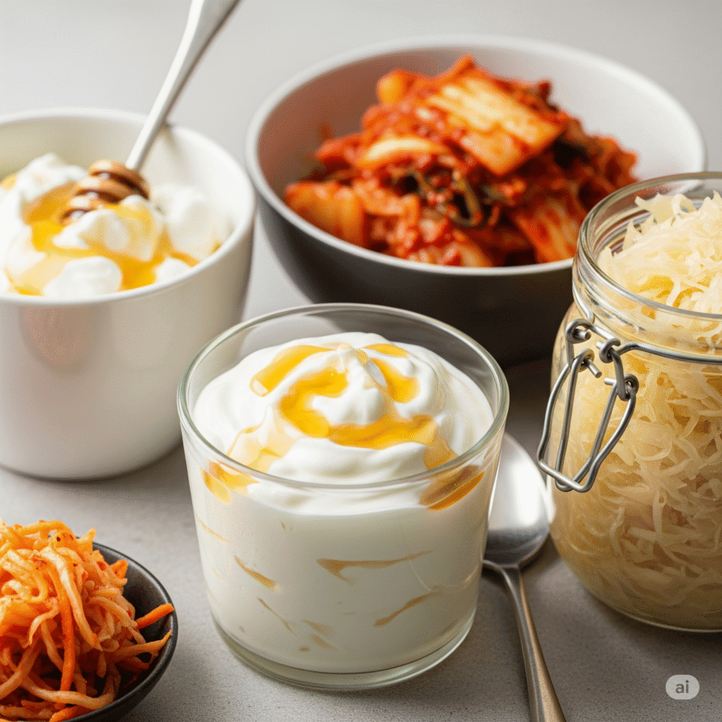 Thực phẩm chứa probiotic (sữa chua, kim chi, dưa cải muối)